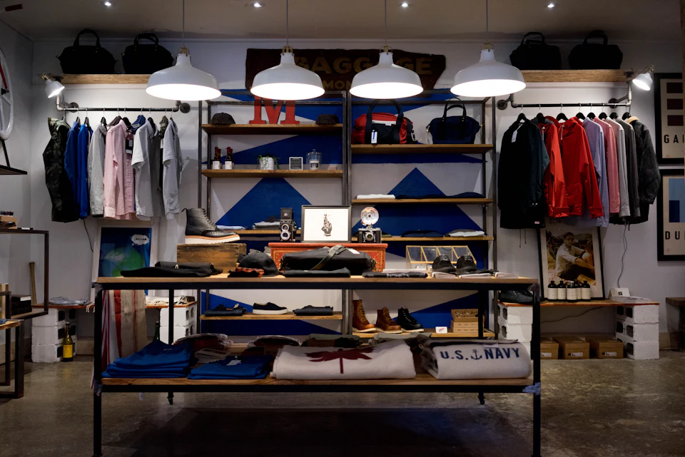Retail store interior with clothing displays and aisle lighting